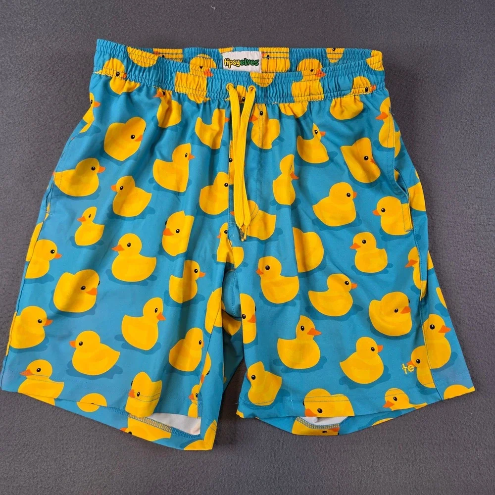 Tipsy Elves Swim Trunks Men XL Blue Yellow Rubber Duck Print Mesh Lined